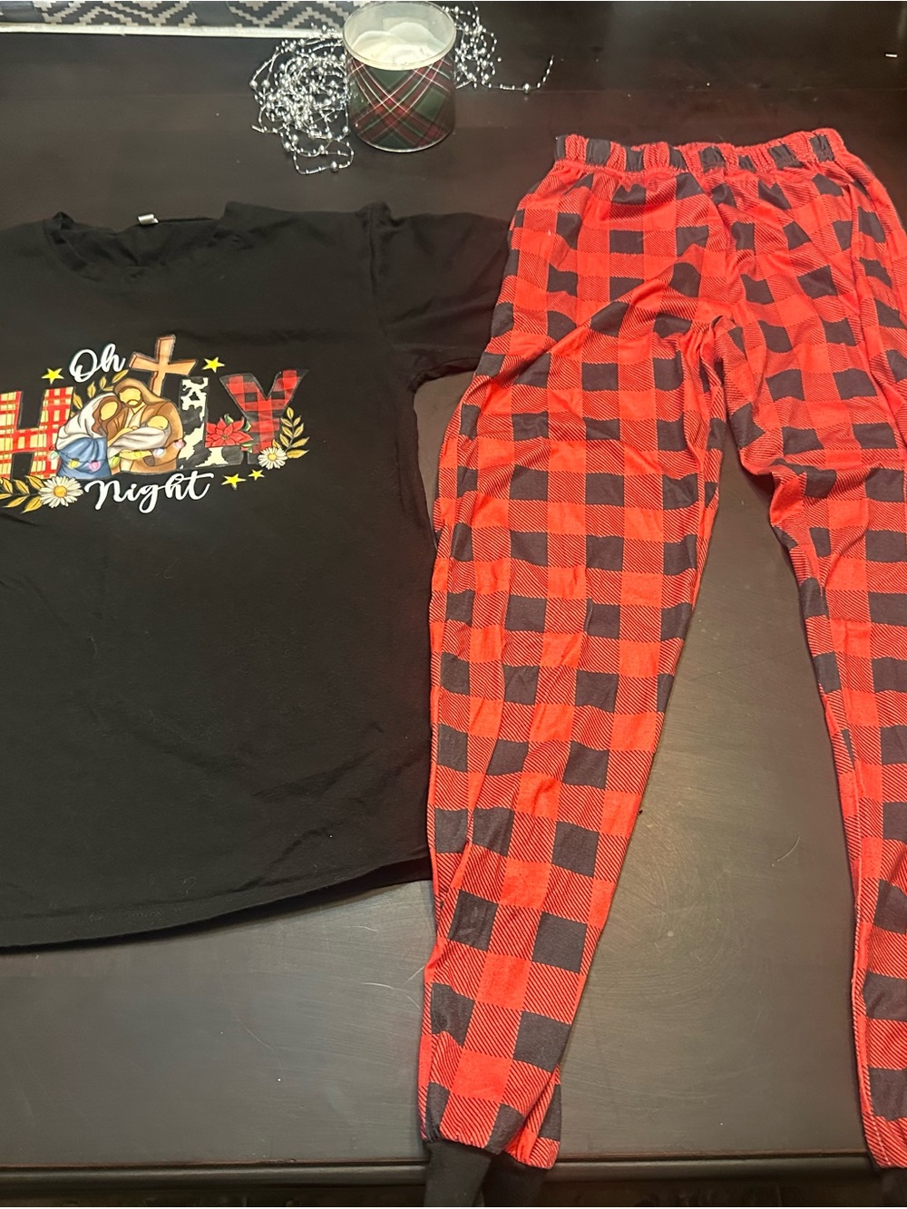 Women’s Black Graphic Tee and Red Plaid Pajama Pants Set